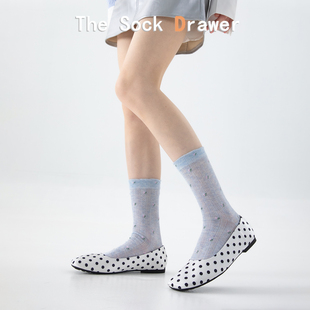网眼透气袜子女士薄款 中筒袜学院风 蓝色镂空碎花显瘦堆堆袜夏季