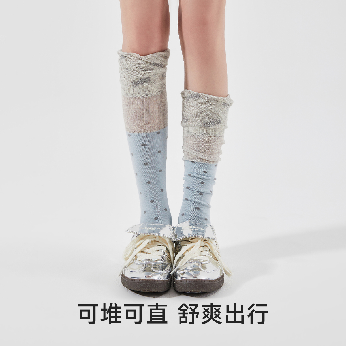 蓝色袜子女小腿袜夏天圆点日系高筒长袜透气显瘦微压芭蕾风无骨袜