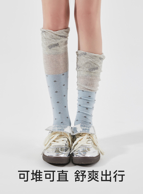 蓝色袜子女小腿袜夏天圆点日系高筒长袜透气显瘦微压芭蕾风无骨袜