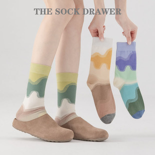 ins潮晚霞网红款 长袜袜子女春 中筒袜莫兰迪渐变撞色拼接韩版 夏季
