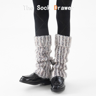 毛绒袜套女秋冬加厚渐变条纹复古羊毛混纺针织堆堆袜套颗粒绒腿套