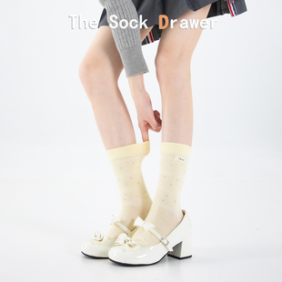 袜子女春夏季 波点堆堆袜黄色中筒袜松口不勒脚布标饰品棉袜 薄款