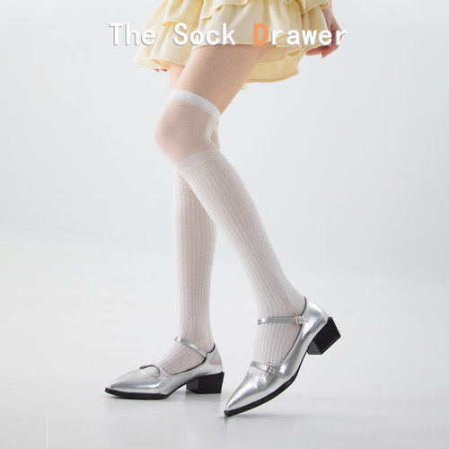 日系JK洛丽塔过膝袜女夏季白色网纱竖纹拼接两穿长筒袜薄款大腿袜