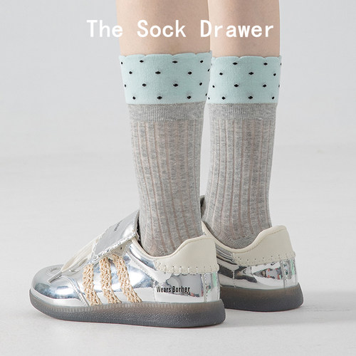 芭蕾风灰色袜子女夏季薄款透气荷叶边中筒袜纯棉无骨波点堆堆袜