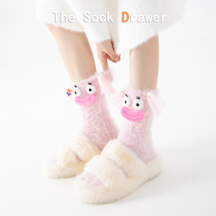 丑萌搞怪中筒袜女冬保暖加厚粉色居家睡眠堆堆袜韩版 东大门地板袜