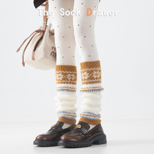 拼色羊毛袜套女士加厚加绒保暖堆堆袜韩版 圣诞雪花冬天小腿袜腿套