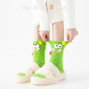 毛绒袜子女士冬天加厚保暖堆堆袜卡通丑萌搞怪居家睡眠中长筒袜