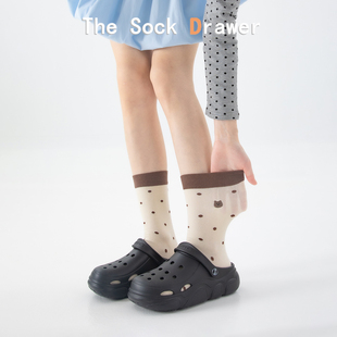 韩版 薄款 可爱卡通刺绣小熊中筒袜配洞洞鞋 复古撞色波点袜子女夏季
