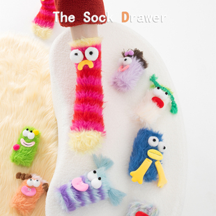 丑萌搞怪毛绒袜子女秋冬加厚保暖居家睡眠地板袜珊瑚绒表情长袜