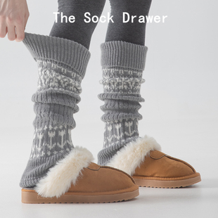 雷格灰堆堆袜腿套女秋冬季 费尔岛羊毛针织宽松外穿保暖袜套 新款