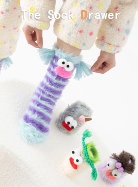 紫色条纹中筒袜女秋冬保暖珊瑚绒仿貂毛卡通丑萌搞怪表情居家袜子