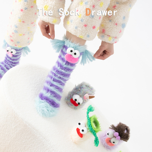 紫色条纹中筒袜女秋冬保暖珊瑚绒仿貂毛卡通丑萌搞怪表情居家袜子