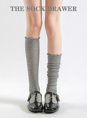 ins芭蕾风袜子夏季薄款中长筒袜子miu系纯色简约百搭灰色堆堆袜女