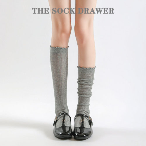 ins芭蕾风袜子夏季薄款中长筒袜子miu系纯色简约百搭灰色堆堆袜女