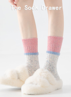 网红爆款袜子女拼色羊毛袜加厚保暖中筒袜冬天学生粉色长筒袜子