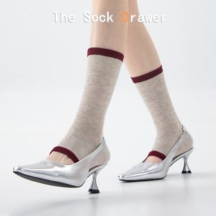脚踩袜套 袜子女中筒卡其色竖纹抽条脚套袜显瘦秀场同款 夏季 薄款