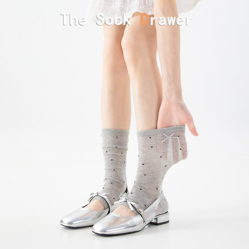 灰色芭蕾风袜套女春夏季薄款蝴蝶结中筒miu系波点半掌脚踩脚套袜