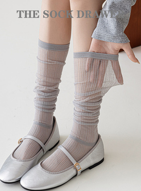 灰色小腿袜子女士春夏款miu系芭蕾风袜子镂空微透丝袜堆堆袜薄款