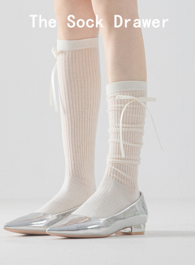 小腿袜芭蕾风女白色飘带蝴蝶结长筒袜纯棉洛丽塔jk夏季薄款堆堆袜