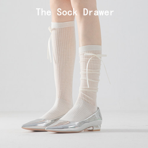 小腿袜芭蕾风女白色飘带蝴蝶结长筒袜纯棉洛丽塔jk夏季薄款堆堆袜