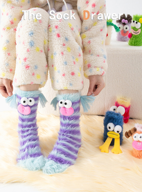 搞怪表情饰品袜女堆堆紫色条纹居家睡眠地板月子袜立体饰品中筒袜