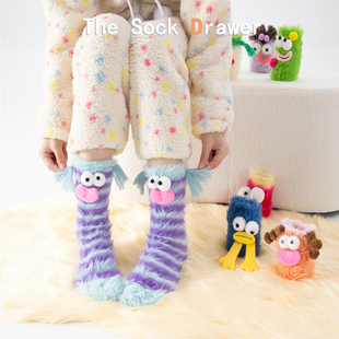 搞怪表情饰品袜女堆堆紫色条纹居家睡眠地板月子袜立体饰品中筒袜