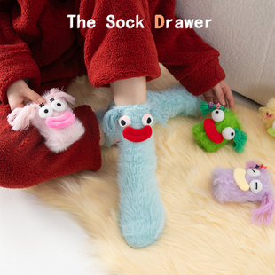 珊瑚绒袜子女士秋冬加厚保暖居家睡眠地板袜毛绒蓝色中筒堆堆袜