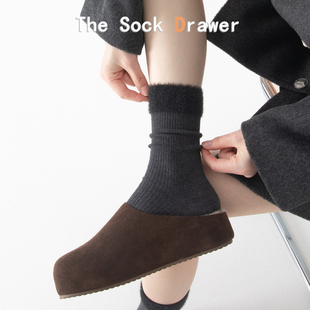 韩版 双针拼接毛绒堆堆袜女秋冬灰色坑条竖纹简约百搭无骨中筒袜