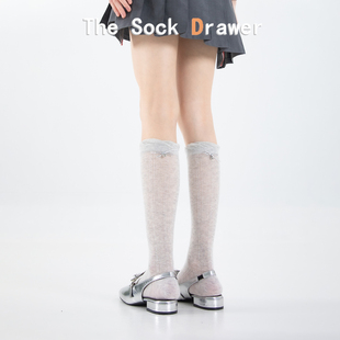 夏季 堆堆袜女士灰色立体蝴蝶结镂空网眼及膝长筒显瘦小腿袜 薄款