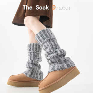 灰色竖纹毛毛绒袜套女秋冬季 加厚保暖日系y2k辣妹毛绒堆堆袜腿套