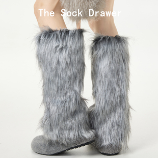 欧美毛绒袜套女冬天外穿保暖仿貉子狐狸毛y2k辣妹40cm长筒小腿套