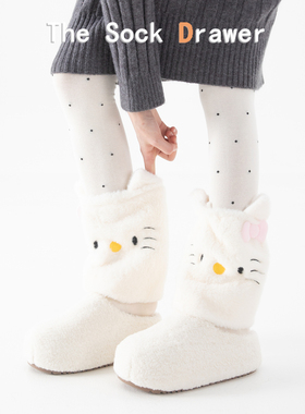 毛绒腿套女秋冬保暖加厚白色卡通KT猫小腿袜日系甜美少女堆堆袜套