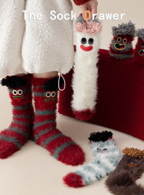 日系搞怪毛绒袜子女冬天外穿高颜值卡通刺绣中筒袜仿水貂绒红袜子