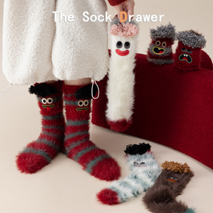 日系搞怪毛绒袜子女冬天外穿高颜值卡通刺绣中筒袜仿水貂绒红袜子