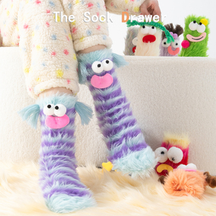 毛绒袜子女冬季 加厚保暖可爱卡通搞怪中筒袜紫色珊瑚绒居家地板袜
