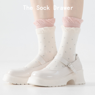 花边泡泡口白色中筒袜女秋天拼接波点ins潮袜子配玛丽珍鞋 袜子