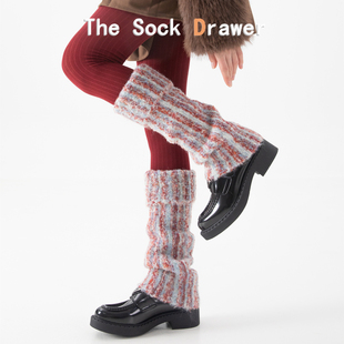 翻边羊毛袜套女秋冬保暖加厚红色竖纹叠穿阔腿y2k辣妹堆堆袜腿套