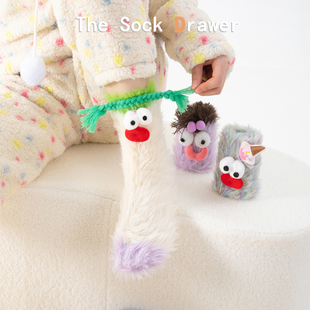 秋冬加厚保暖白色中筒袜女珊瑚绒居家睡眠地板袜搞怪丑萌堆堆袜