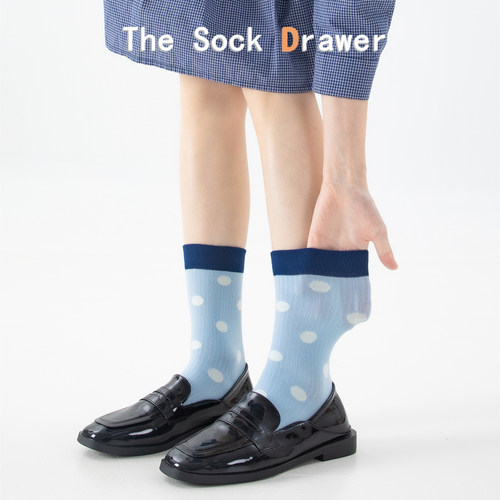 袜子女士2026新款爆款撞色波点堆堆袜ins潮蓝色纯棉无骨中筒长袜