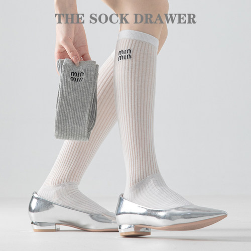 miu系袜子女夏季超薄款长筒袜微压显瘦小腿袜刺绣及膝千金风袜子