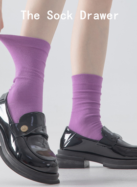 紫色袜子女长筒无骨月子袜春秋季中筒袜韩版堆堆袜配乐福鞋的袜子