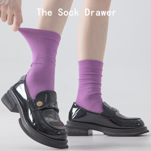 紫色袜子女长筒无骨月子袜春秋季中筒袜韩版堆堆袜配乐福鞋的袜子