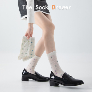 袜子小香风蕾丝花边中筒袜 多彩点子纱小碎花堆堆袜女春夏天薄款