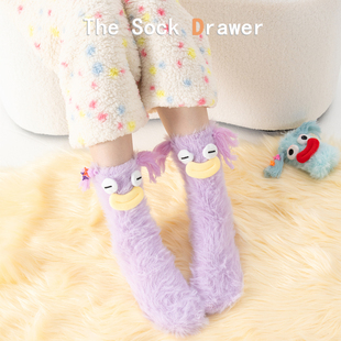 可爱搞怪丑萌针织中筒袜女秋冬加厚保暖紫色堆堆袜毛绒居家地板袜