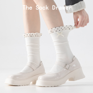 miu系芭蕾风中筒袜女春秋蝴蝶结荷叶边波点袜子配玛丽珍鞋 袜子