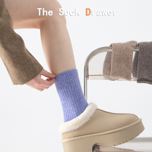 秋冬加绒加厚保暖发热羊毛中筒袜女士紫色坑条堆堆袜日系学院风