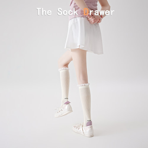 日系甜美花边小腿袜女夏季薄款压力显瘦运动袜网眼透气字母长袜