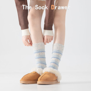 韩版 袜子 条纹袜子女秋冬加厚保暖毛绒点子纱拼色中长筒袜配棉拖