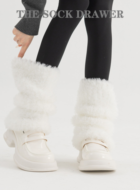 仿兔绒皮草袜子女冬白色袜套加绒加厚保暖毛毛堆堆袜配小皮鞋腿套