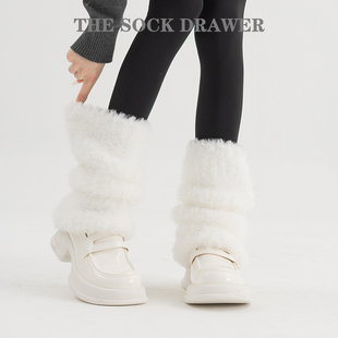 仿兔绒皮草袜子女冬白色袜套加绒加厚保暖毛毛堆堆袜配小皮鞋 腿套